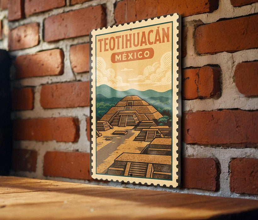 A framed illustration of the Teotihuacan pyramid in Mexico is displayed on a brick wall.