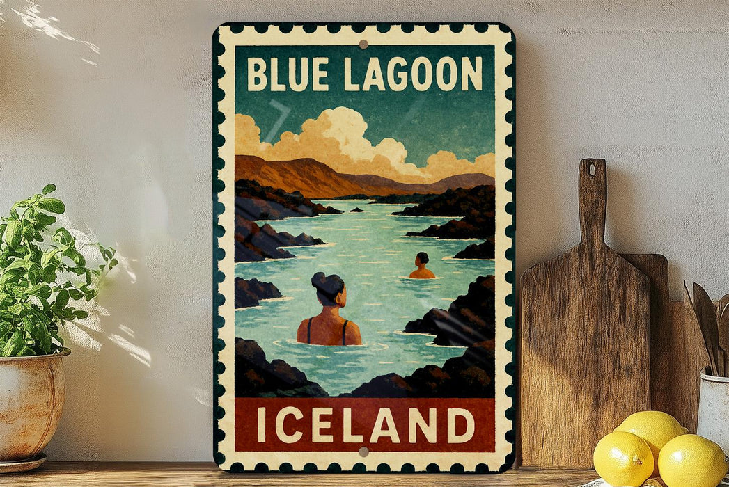 A vintage-style metal sign with the text "BLUE LAGOON ICELAND" and an illustration of a woman swimming in a lake, surrounded by mountains and a cloudy sky.