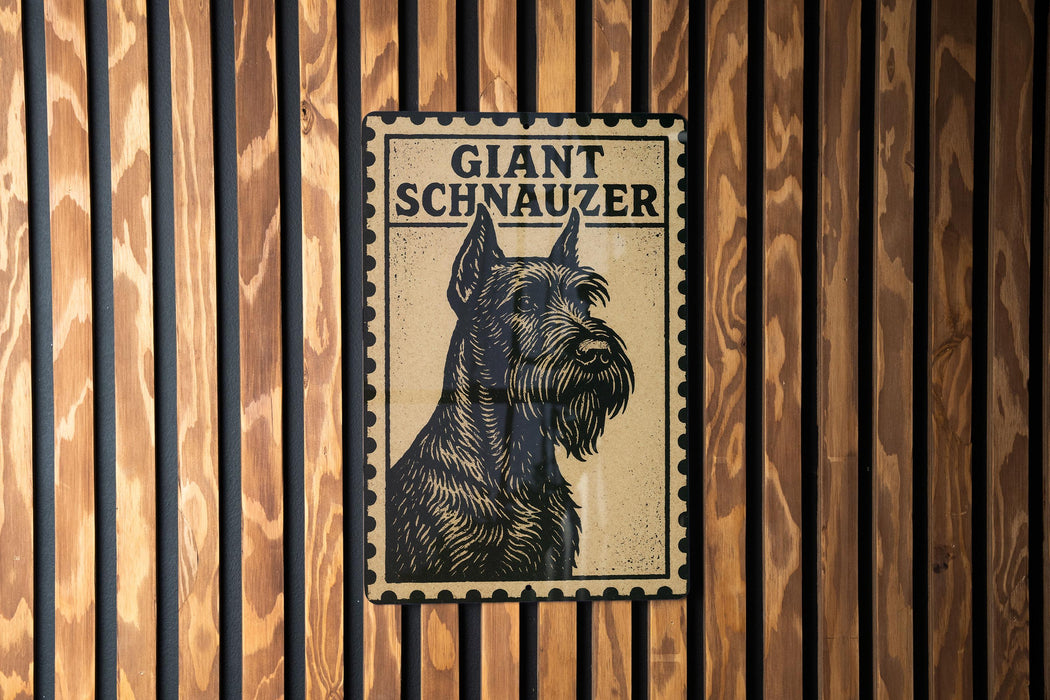 A framed poster of a giant schnauzer dog is displayed on a wooden wall.
