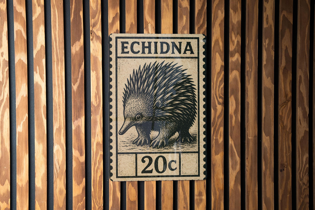 a postage stamp with an illustration of an echidna, which is a type of porcupine. The stamp is placed on a wooden wall.