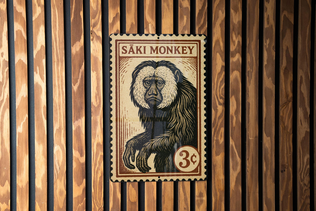 Saki Monkey Metal Sign | Vintage Stamp Style Wall Art Decor | Jungle Animal Poster for Home or Bar