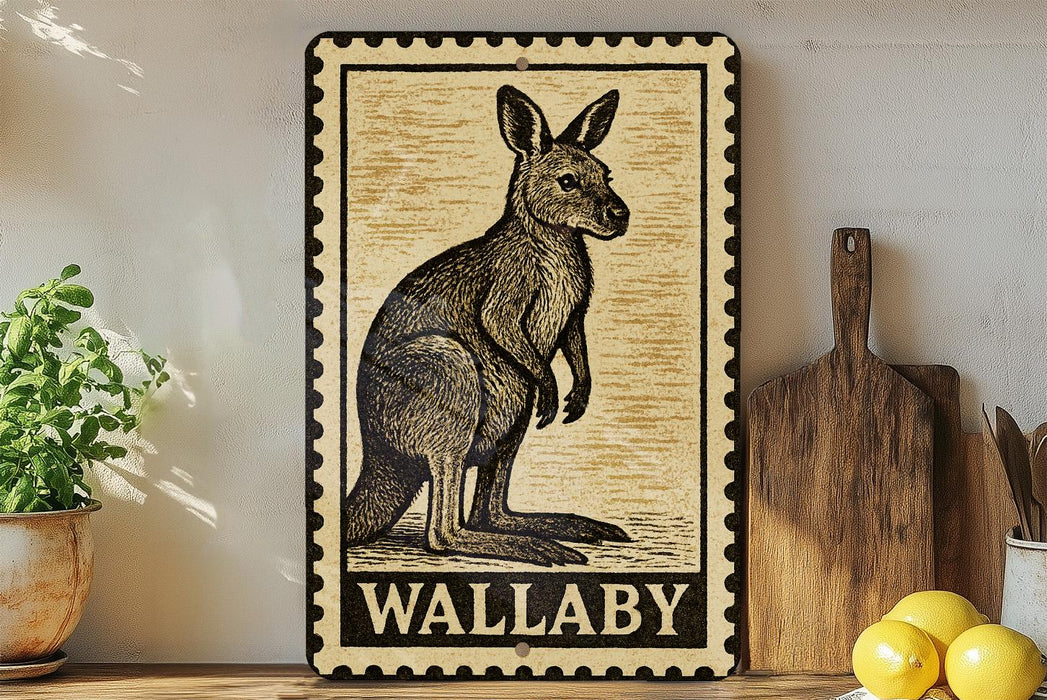 A framed illustration of a kangaroo is displayed on a shelf, accompanied by a wooden cutting board and a potted plant.