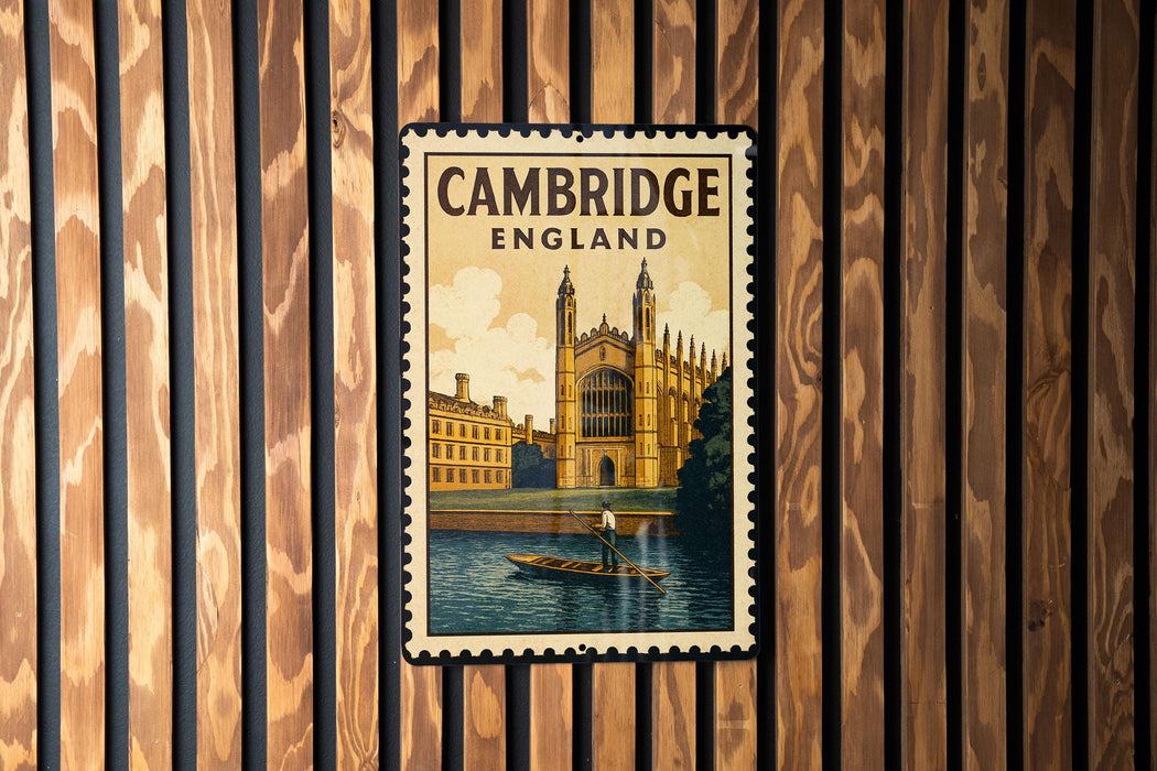 A vintage-style postage stamp depicting a scenic view of Cambridge, England, with a gondola in the foreground and a castle in the background.