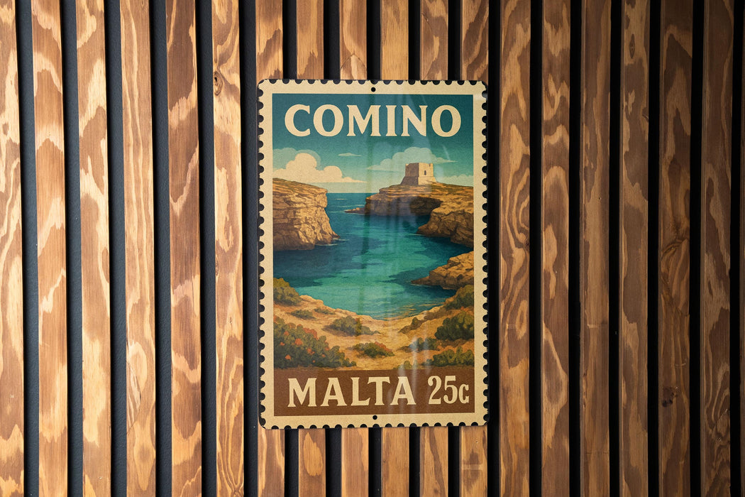 A vintage postage stamp from Malta, featuring a scenic coastal landscape with cliffs and a turquoise sea.