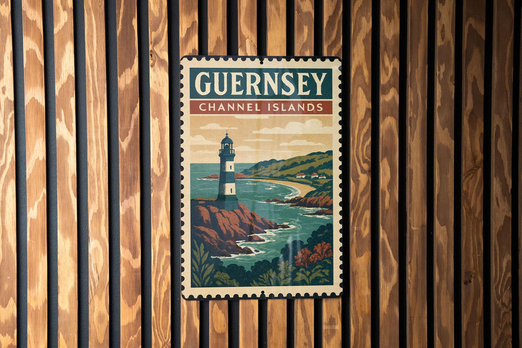 A vintage-style poster of Guernsey Channel Islands hanging on a wooden wall.