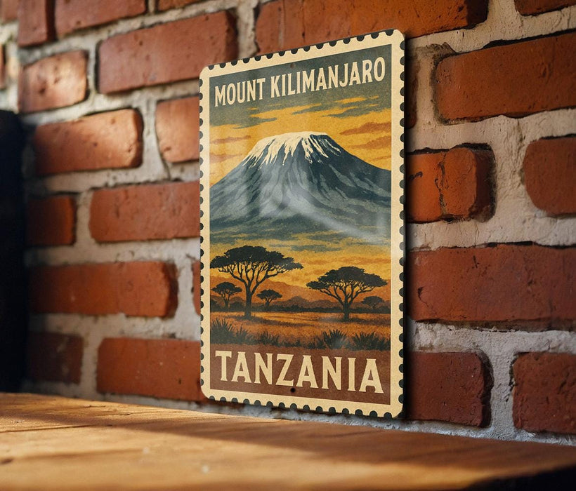 A vintage-style postage stamp depicting Mount Kilimanjaro in Tanzania, with a landscape of trees and a snowy mountain in the background.