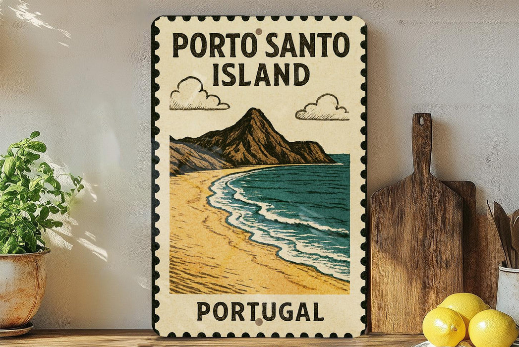 A vintage-style metal sign displaying the text "PORTO SANTO ISLAND" and "PORTUGAL" with a beach and mountain illustration, placed on a wooden surface next to a potted plant and a cutting board.