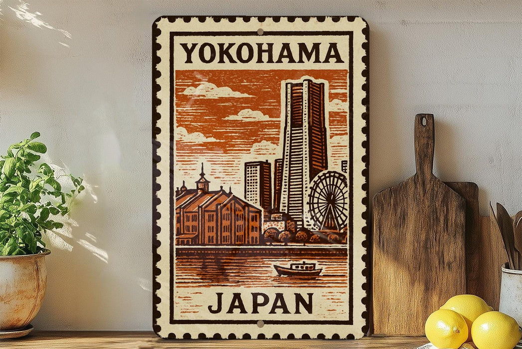 A decorative metal sign with a cityscape and a ferris wheel, featuring the text "Yokohama Japan" on it.
