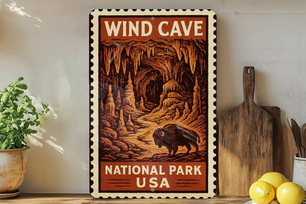 a vintage-style metal sign with the text "WIND CAVE NATIONAL PARK USA" displayed prominently.