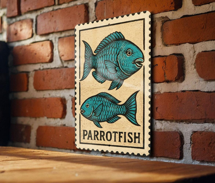 A wooden sign with a fish illustration is mounted on a brick wall.