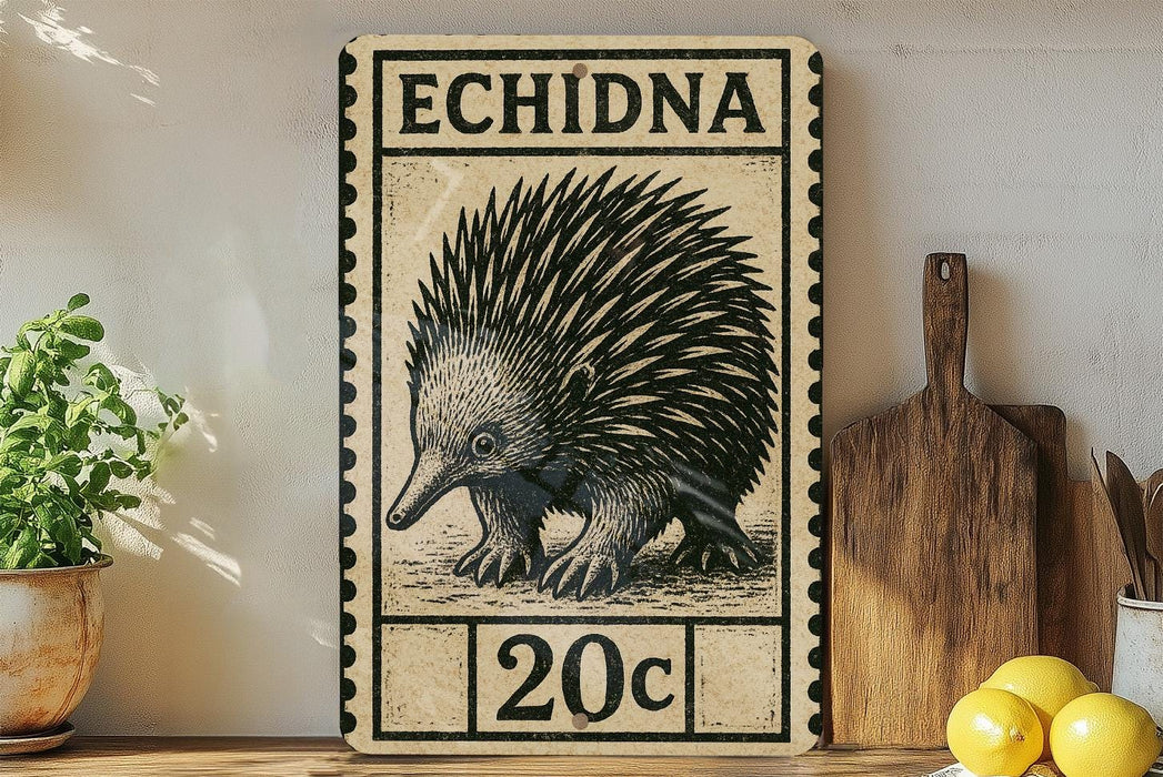 a vintage-style metal stamp with an illustration of an echidna, a type of porcupine, and the text "ECHIDNA 20c" printed on it. The stamp is displayed on a shelf next to a wooden cutting board and some potted plants.