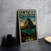 A metal stamp depicting the scenic landscape of Glacier National Park in the USA, featuring a mountain, lake, and forest.
