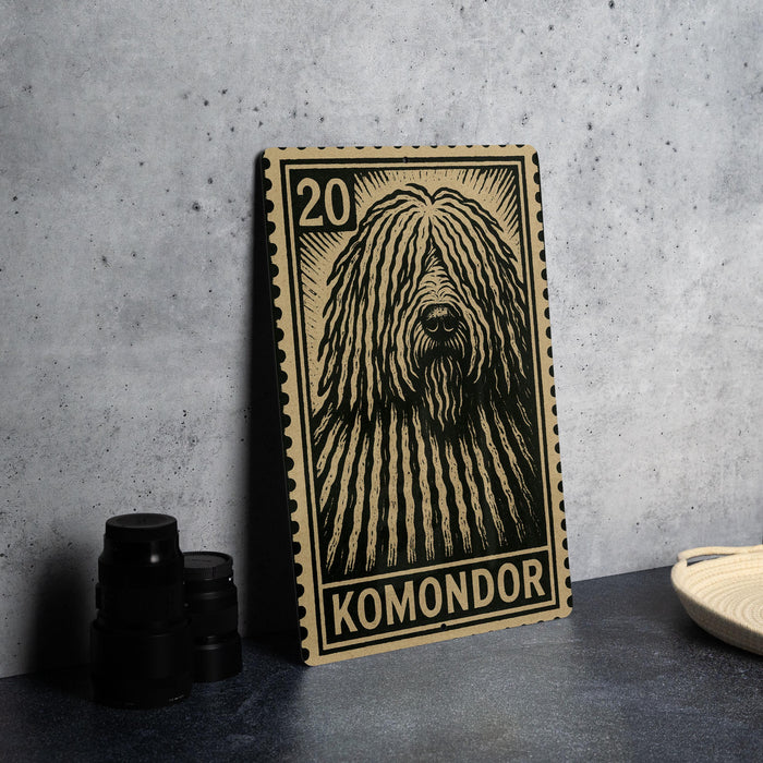 A wooden postcard featuring a black and white illustration of a shaggy dog's head, with the text "KOMONDOR" printed on it. The postcard is placed on a table next to some black camera lenses.