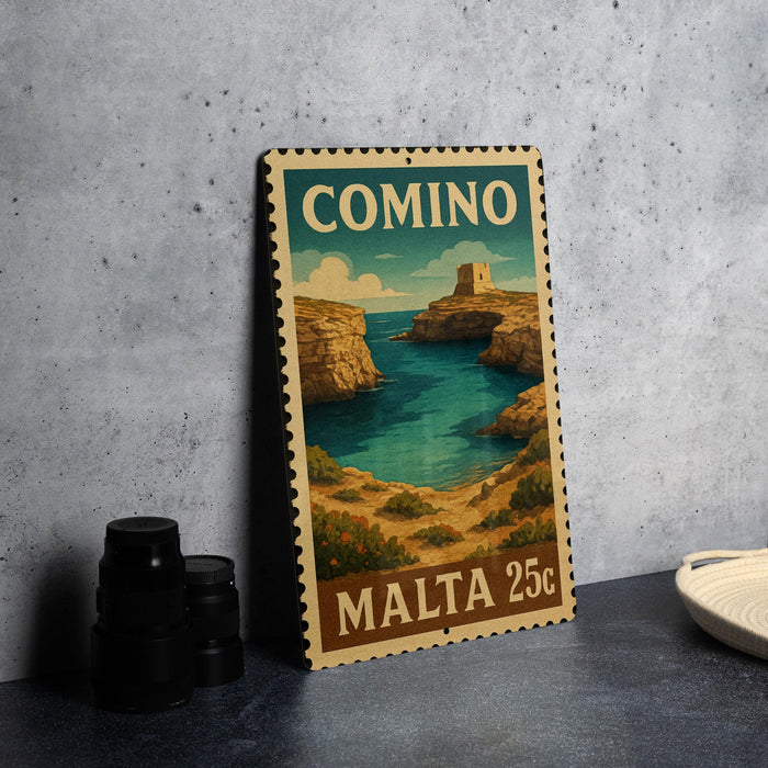 A metal stamp depicting a scenic coastal landscape with cliffs, water, and a castle, with the text "COMINO MALTA 25c".
