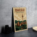A metal sign with a vintage-style illustration of the Daegu Tower in South Korea, featuring a cityscape and a traditional Korean temple.