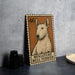a miniature bull terrier, a small dog breed, depicted on a brown and orange stamp-like frame.