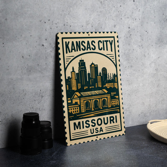 A Kansas City, Missouri USA postage stamp is displayed on a table, featuring a stylized illustration of the city skyline.