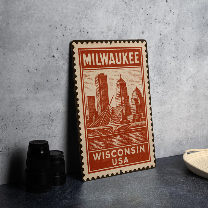 A metal stamp with the text "Milwaukee, Wisconsin, USA" printed on it, featuring an illustration of the Milwaukee skyline.