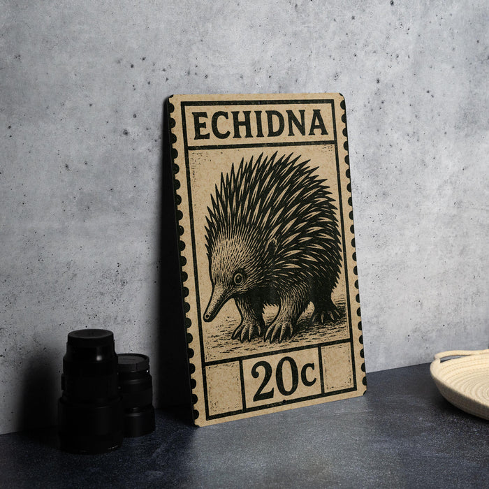 a wooden postcard with a picture of an echidna, which is a type of insect, and the text "ECHIDNA 20c" printed on it.