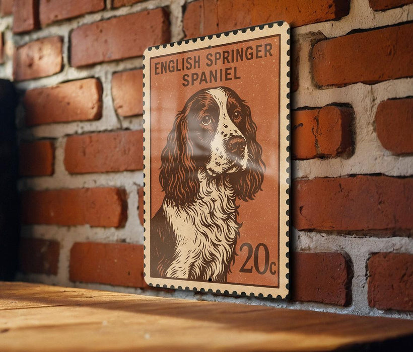 A wooden table with a framed illustration of a brown and white English Springer Spaniel dog on a brick wall.