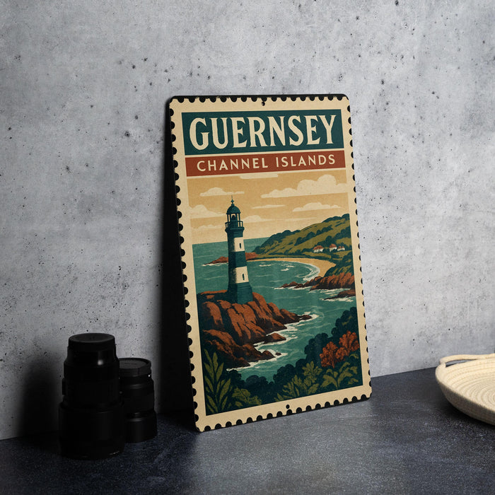 A vintage-style poster of Guernsey Channel Islands, featuring a lighthouse and a coastal landscape, is displayed on a gray wall.