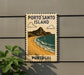 A wooden sign with a beach and mountains in the background, mounted on a wall.