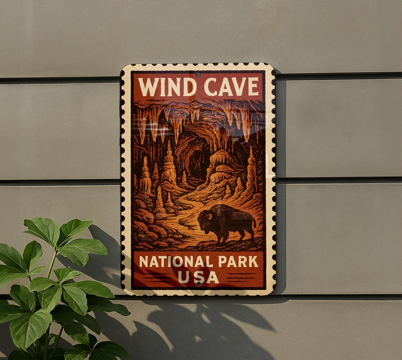 a vintage-style sign for the Wind Cave National Park in the United States, depicting a bison in a cave setting.