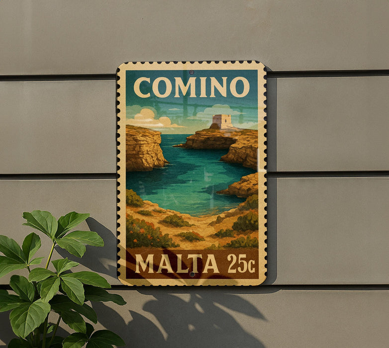 a vintage-style metal sign with a coastal scene, mounted on a wall.