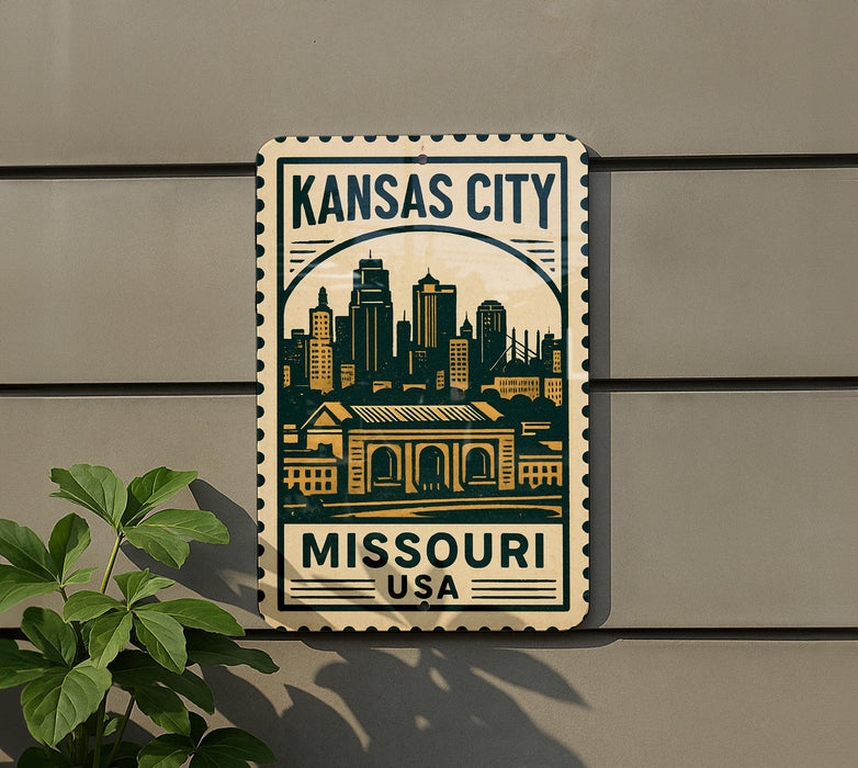 A metal sign with the text "KANSAS CITY MISSOURI USA" and an illustration of a city skyline.
