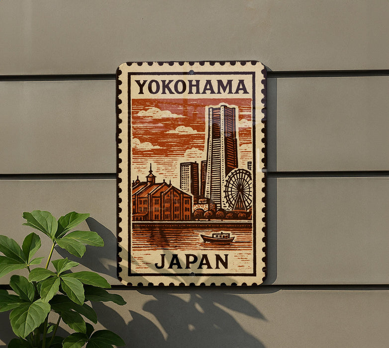 A decorative metal sign with a cityscape and a ferris wheel, mounted on a wall.