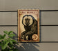 A wooden sign featuring a detailed illustration of a saki monkey, mounted on a wall.