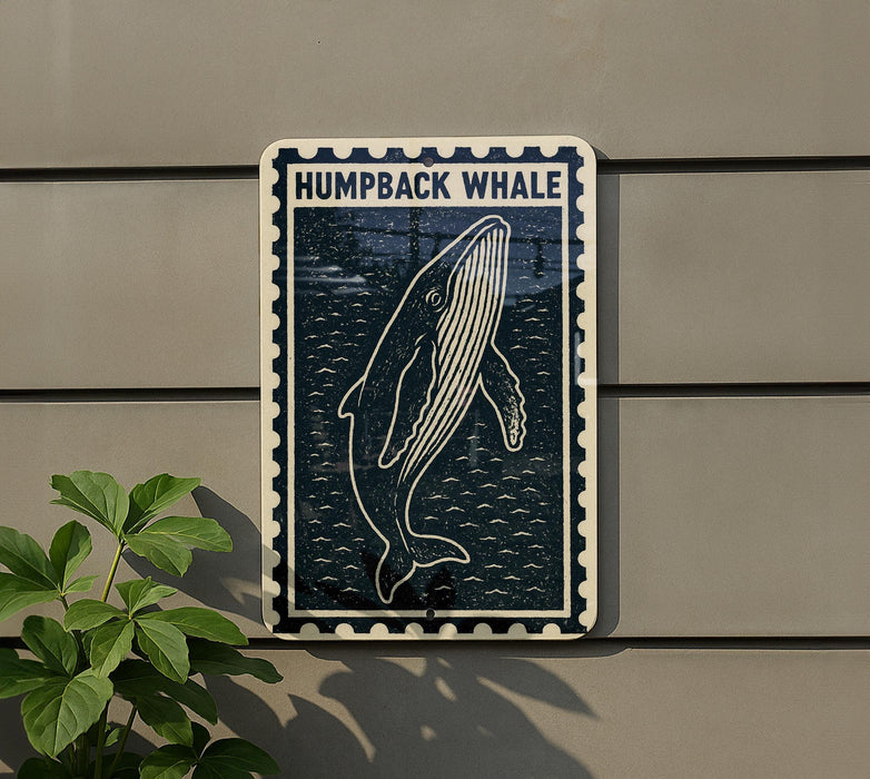 a sign depicting a humpback whale, mounted on a wall next to a plant.
