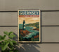 A vintage-style postage stamp depicting a lighthouse on the Channel Islands, with a coastal landscape in the background.