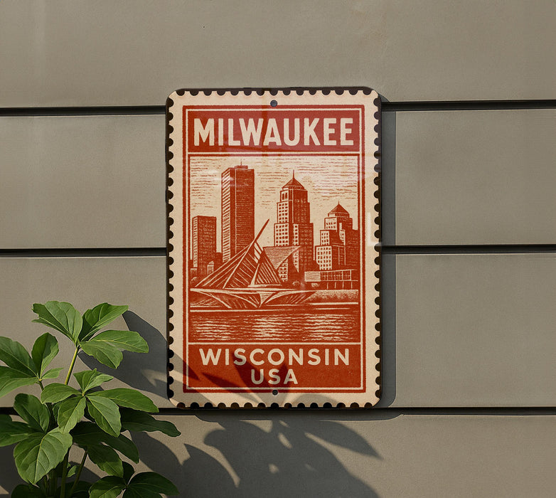 A red and white metal sign with the text "Milwaukee, Wisconsin, USA" on it, mounted on a wall.