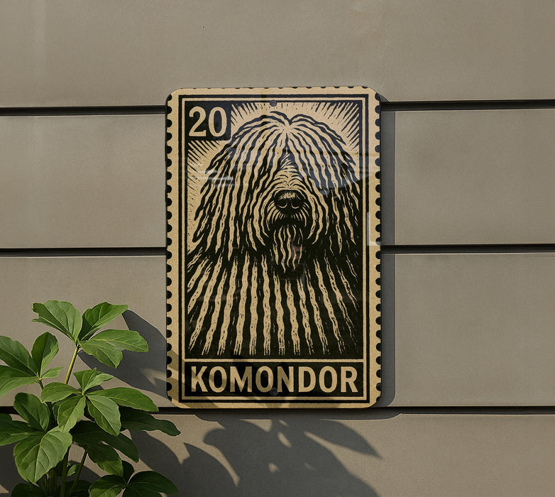 A metal sign with a black and white image of a dog's face, mounted on a wall.