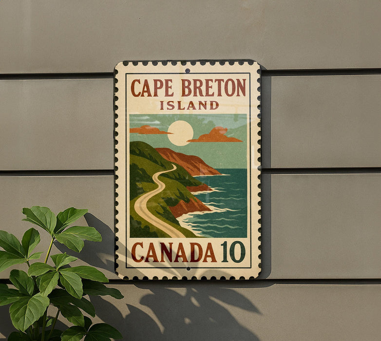 A vintage-style metal sign with a scenic illustration of a coastal landscape, mounted on a wall.