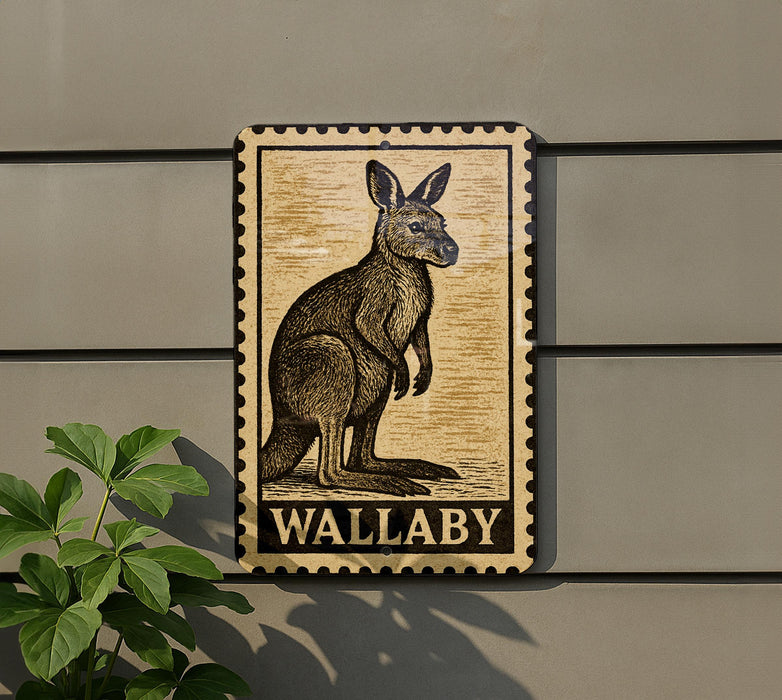 A wall-mounted sign featuring a kangaroo illustration, with the word "WALLABY" below the image.