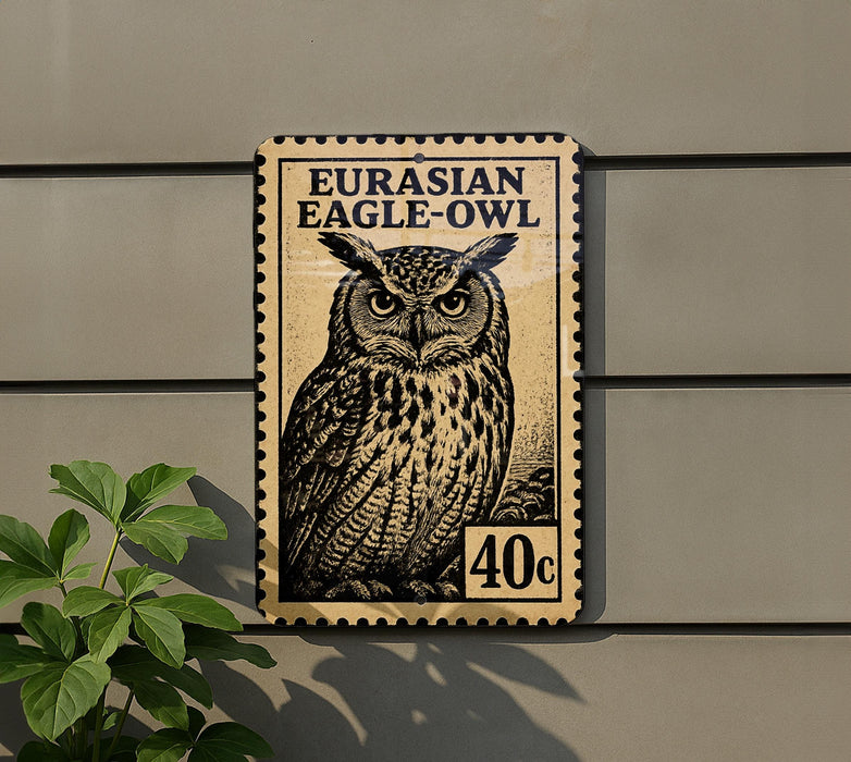 a large postage stamp with an illustration of an owl, mounted on a wall.