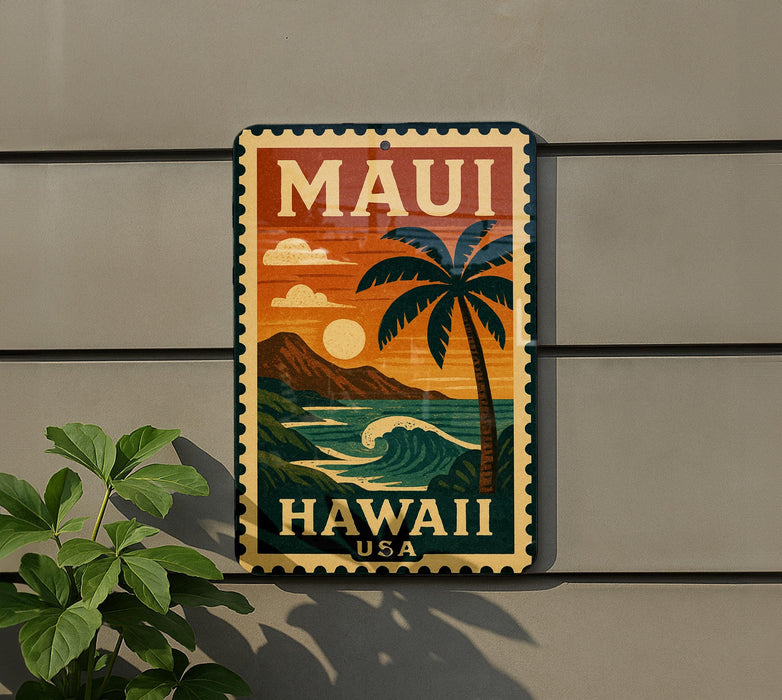 A vintage-style metal sign with the text "MAUI HAWAII USA" displayed on a wall, featuring a palm tree and ocean landscape.
