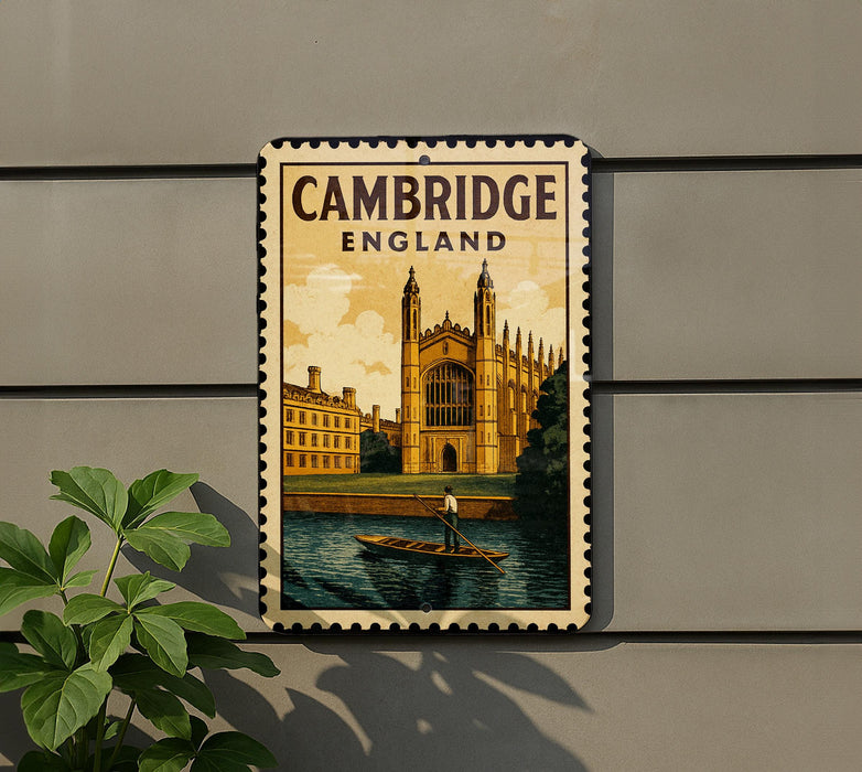 A vintage-style postage stamp depicting the iconic architecture of Cambridge, England, with a person in a boat on the river in the foreground.