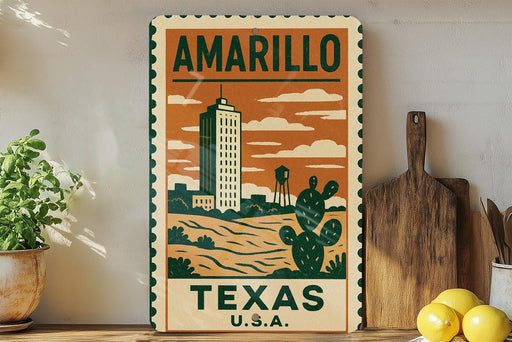 a vintage-style poster of Amarillo, Texas, with a tall building and a cactus in the background, displayed on a wall next to a wooden cutting board and some potted plants.