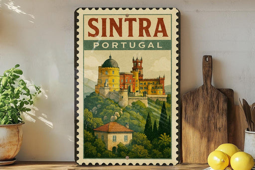 A vintage-style poster of Sintra, Portugal, featuring a castle and other buildings in the background, is displayed on a wall next to a wooden cutting board and some potted plants.