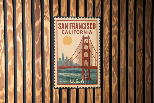 A vintage-style postage stamp from San Francisco, California, featuring the iconic Golden Gate Bridge.