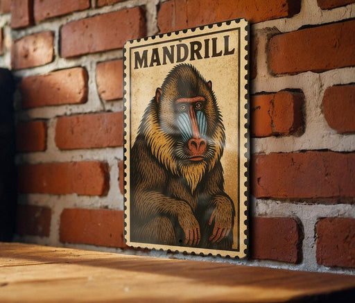 A framed illustration of a mandrill, a type of primate, is displayed on a brick wall.