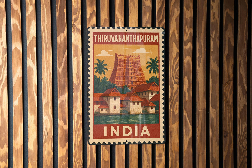 A vintage postage stamp from India featuring a temple surrounded by palm trees and buildings, hanging on a wooden wall.