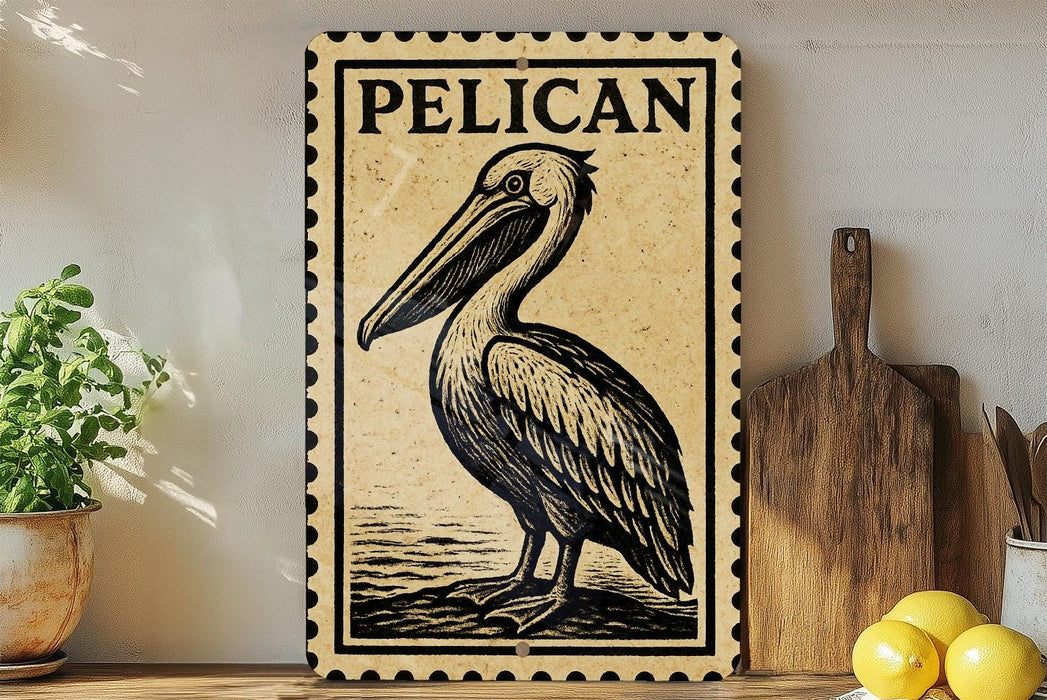 a pelican, a large bird with a long beak, standing on a wooden surface.