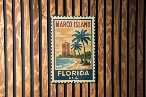 A vintage-style metal sign with the text "MARCO ISLAND FLORIDA USA" is displayed on a wooden wall.