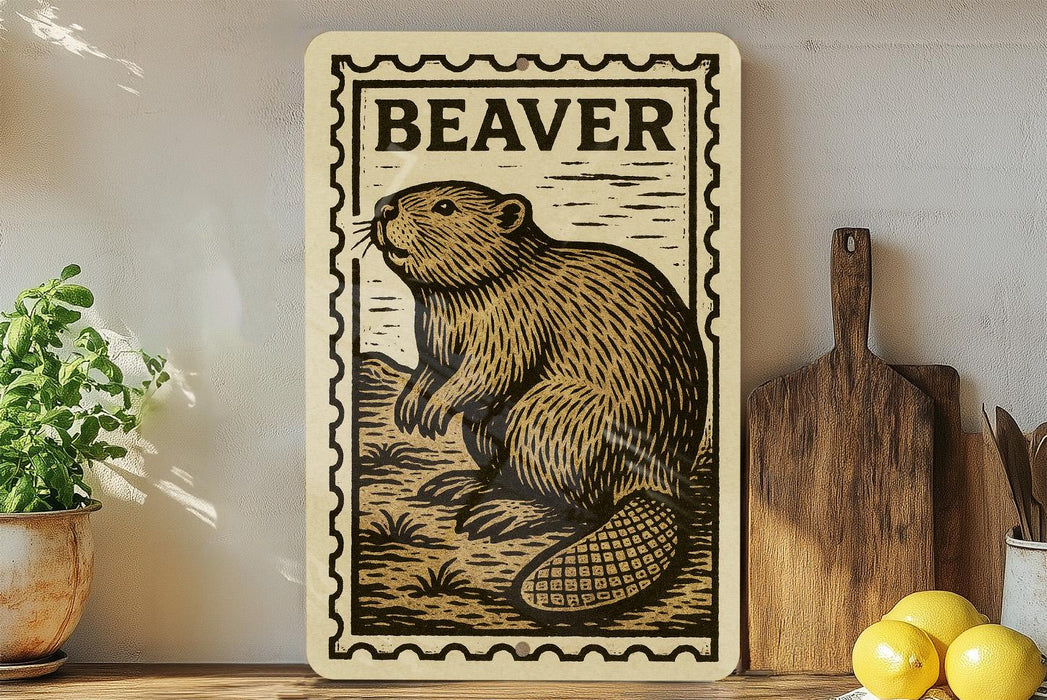 a wooden frame with a detailed illustration of a beaver, which is the central focus of the image. The beaver is depicted sitting on a rock, surrounded by a natural setting. The frame is placed on a wooden surface, and there are some potted plants and kitchen utensils visible in the background.