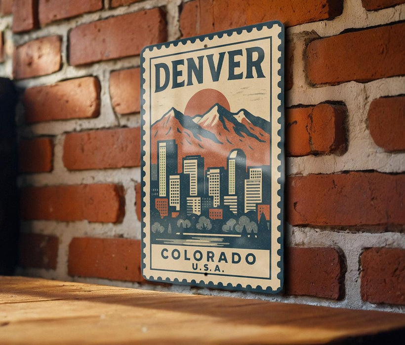 A vintage-style metal sign with the text "DENVER COLORADO U.S.A." displayed on a brick wall.