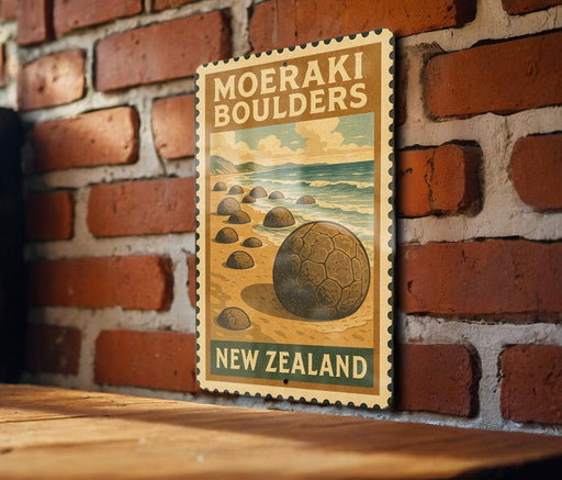 A vintage-style poster of Moeraki Boulders, a famous landmark in New Zealand, is displayed on a brick wall.